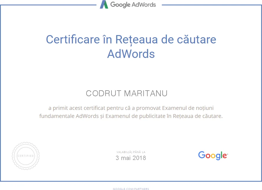 Certificat Google Ads · Rețeaua de căutare, Codruț Marițanu