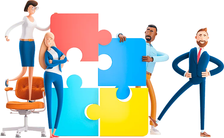 Echipă care îmbină piese de puzzle, simbol al integrărilor