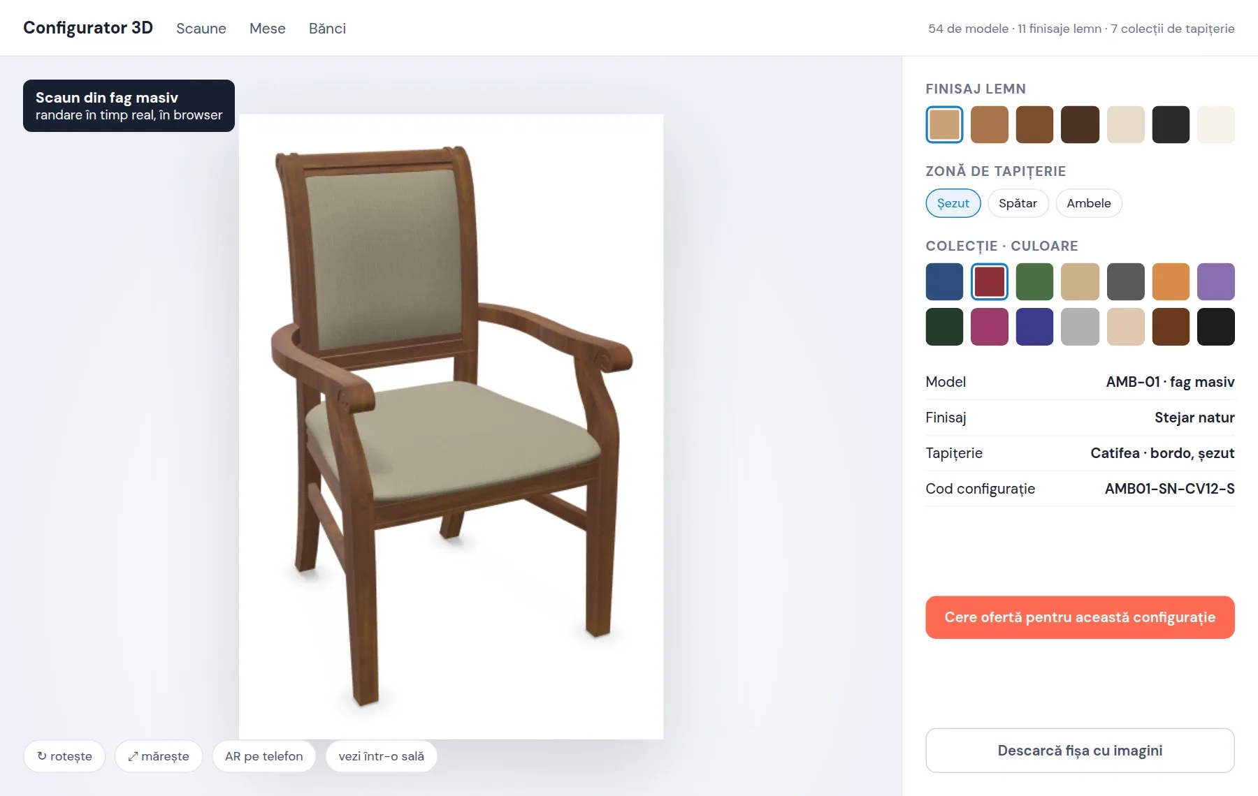 Configuratorul 3D al unei fabrici de scaune, cu finisaje și tapițerii